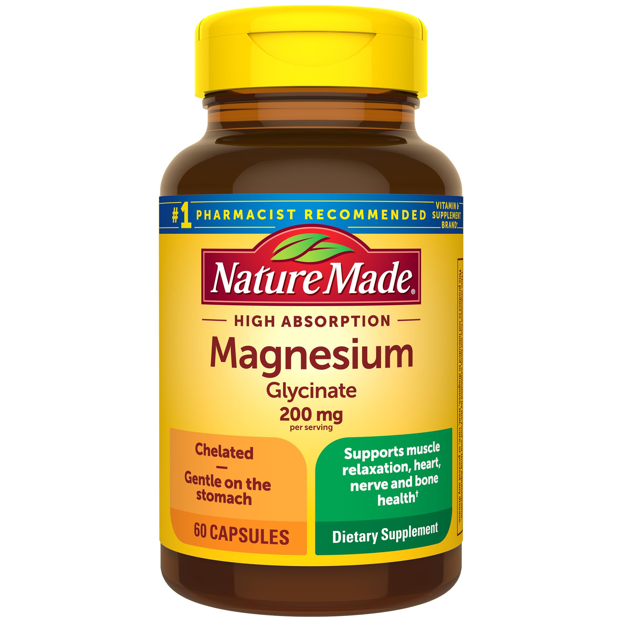 Nature Made Magnésium Glycinate 200 mg - bouteille: soutien musculaire potentiel et relaxation.