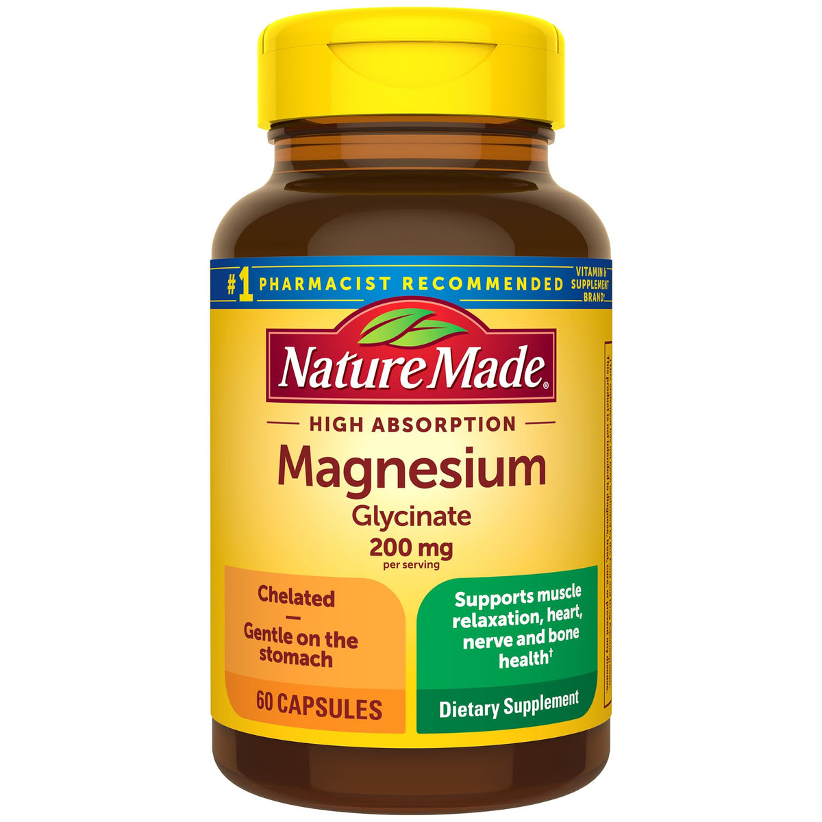 Nature Made Magnésium Glycinate 200 mg - bouteille: soutien musculaire potentiel et relaxation.