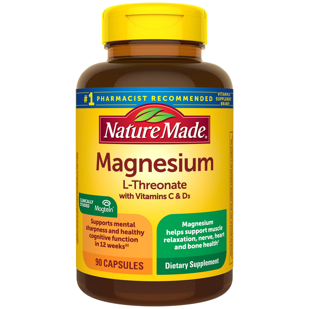 Nature Made Magnesium L-Threonate - bouteille visible pour une utilisation quotidienne.