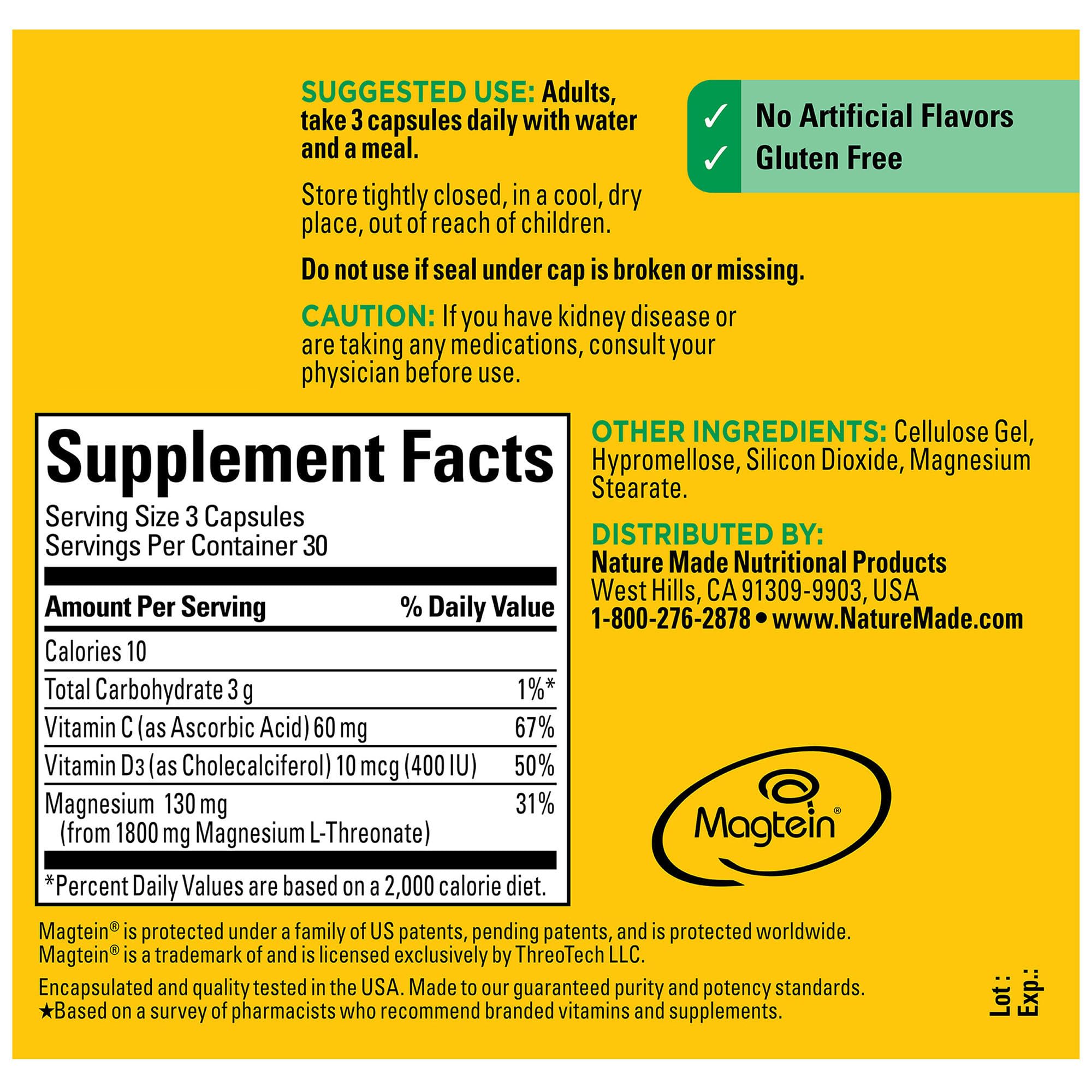 Nature Made Magnesium L-Threonate - ingrédients clés avec vitamine C et D3.