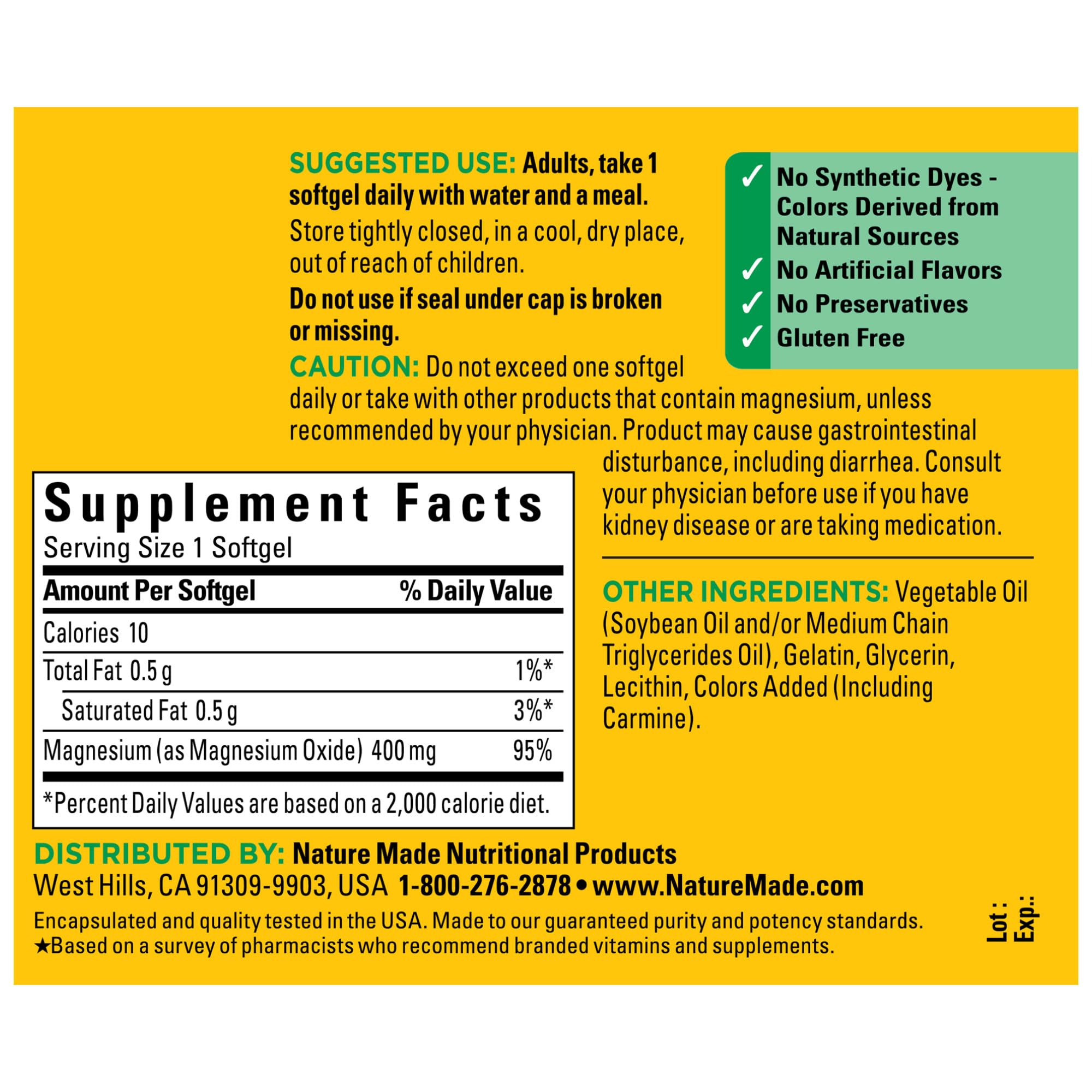 Nature Made Magnésium Oxyde 400 mg – emballage épuré et clair.