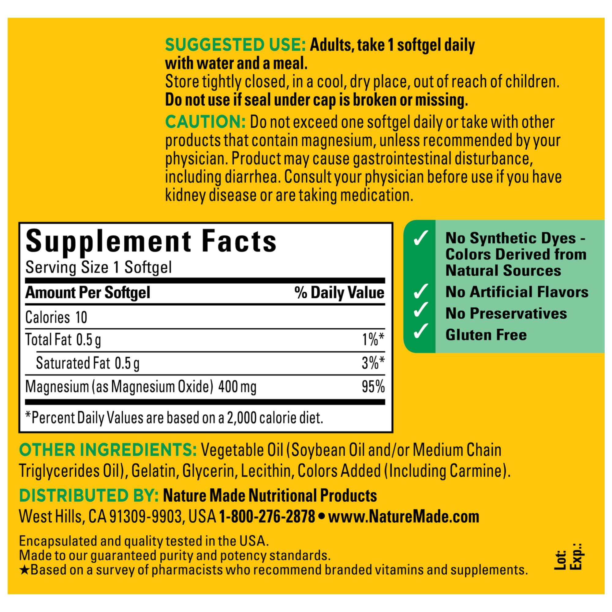 Nature Made Magnésium oxyde 400 mg – formule sans colorants artificiels et sans conservateurs.
