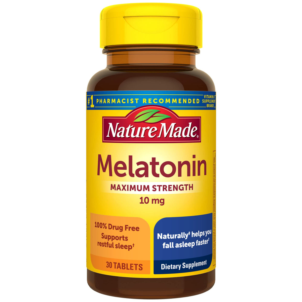 Nature Made Mélatonine 10 mg – bouteille visible, soutien potentiel au sommeil régulier.