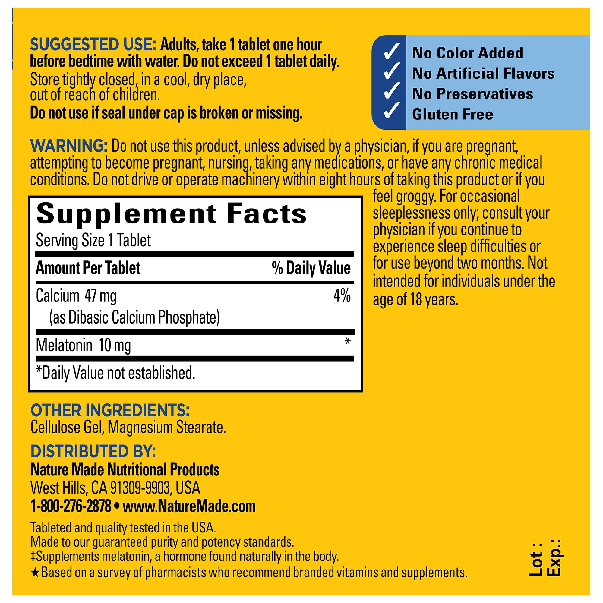 Nature Made Mélatonine 10 mg – capuchon et bouchon faciles à utiliser.