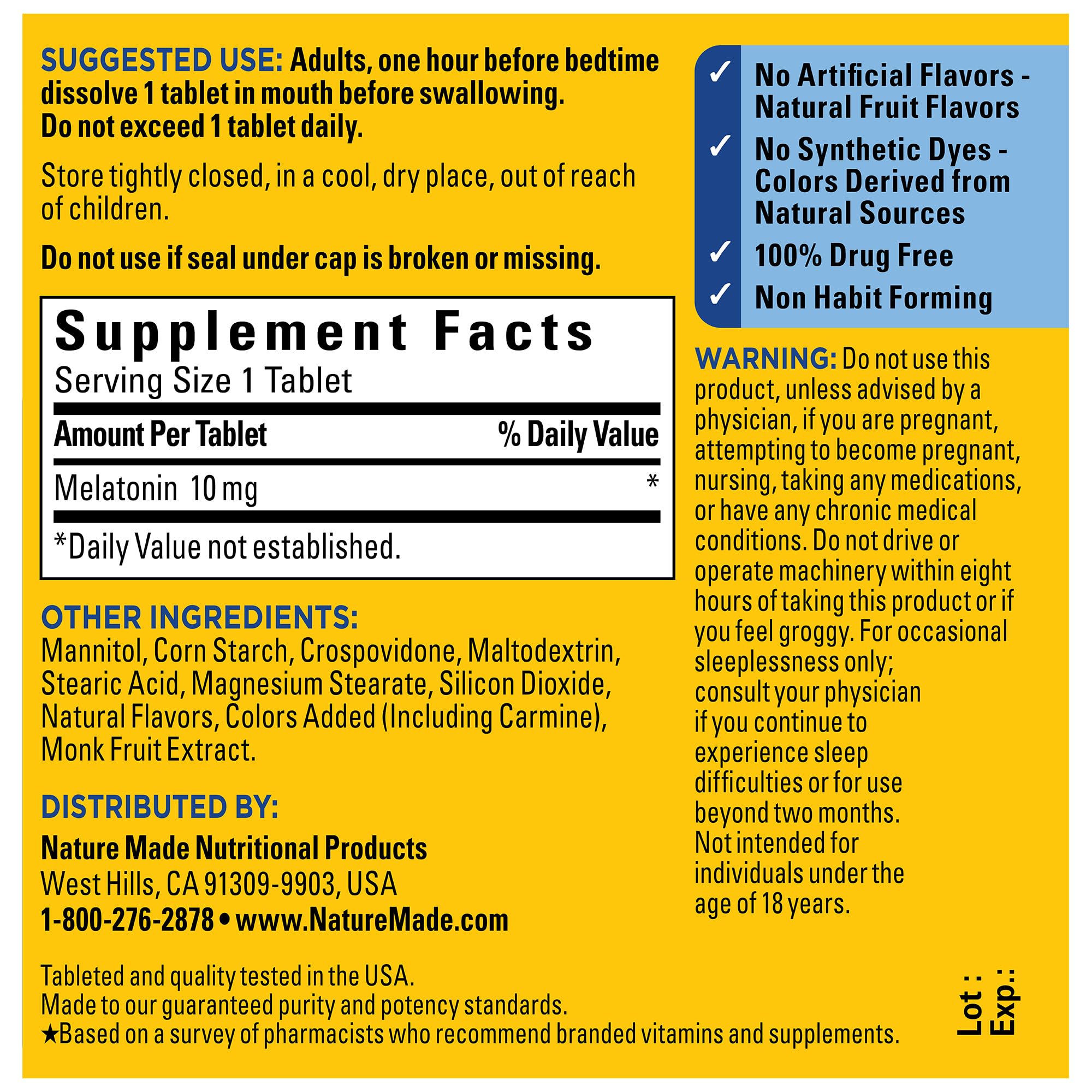 Tablettes Nature Made 10 mg 45 comprimés, format pratique pour une utilisation ponctuelle