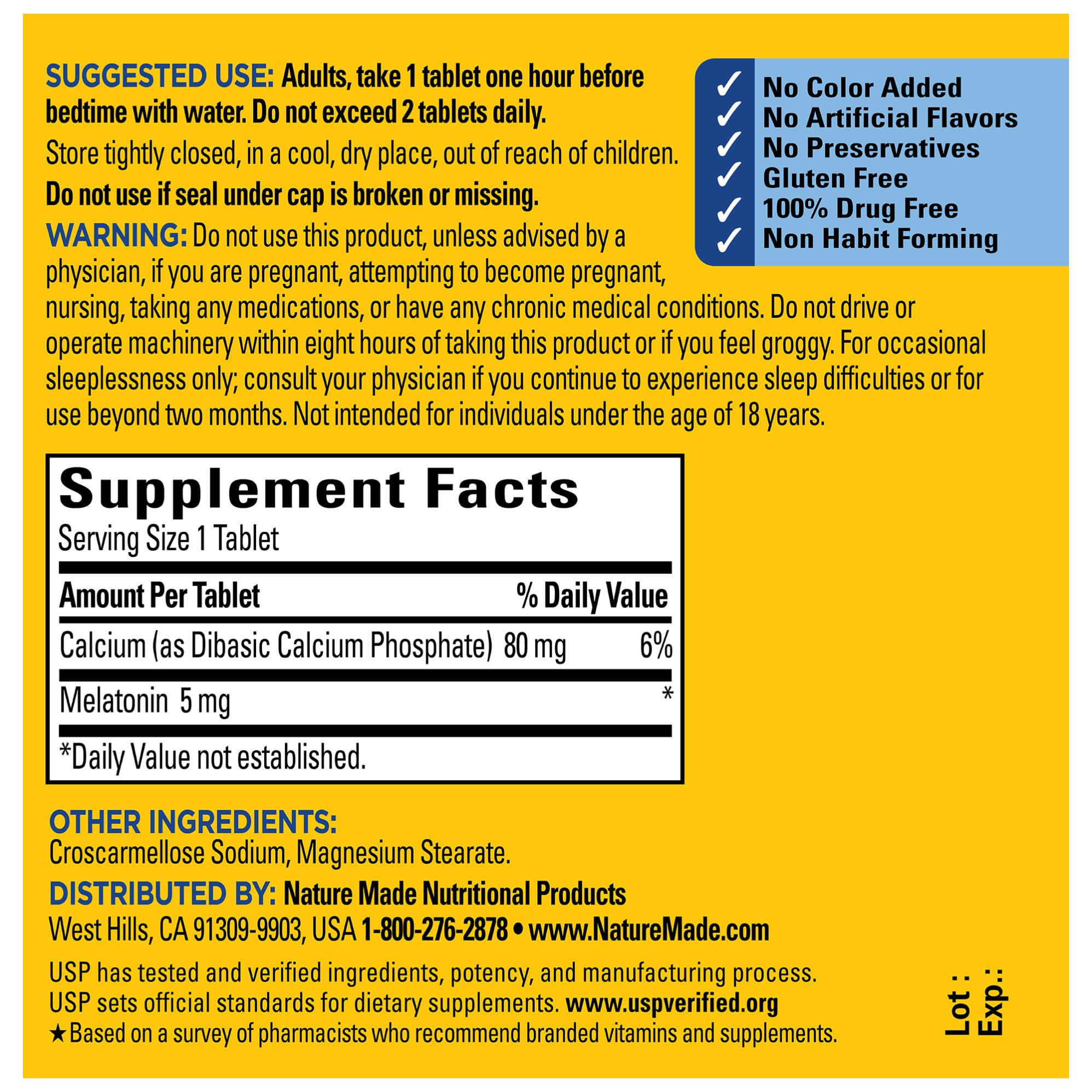 Nature Made Mélatonine 5 mg – sans colorants ni arômes artificiels.