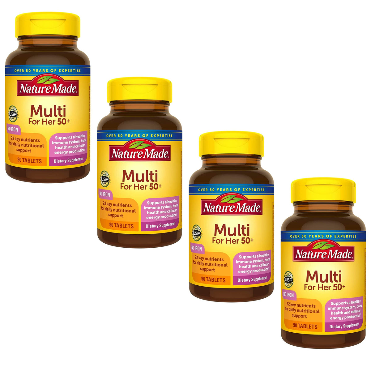Nature Made Multi pour Elle 50+ – Bouteille 90 comprimés pour le quotidien.