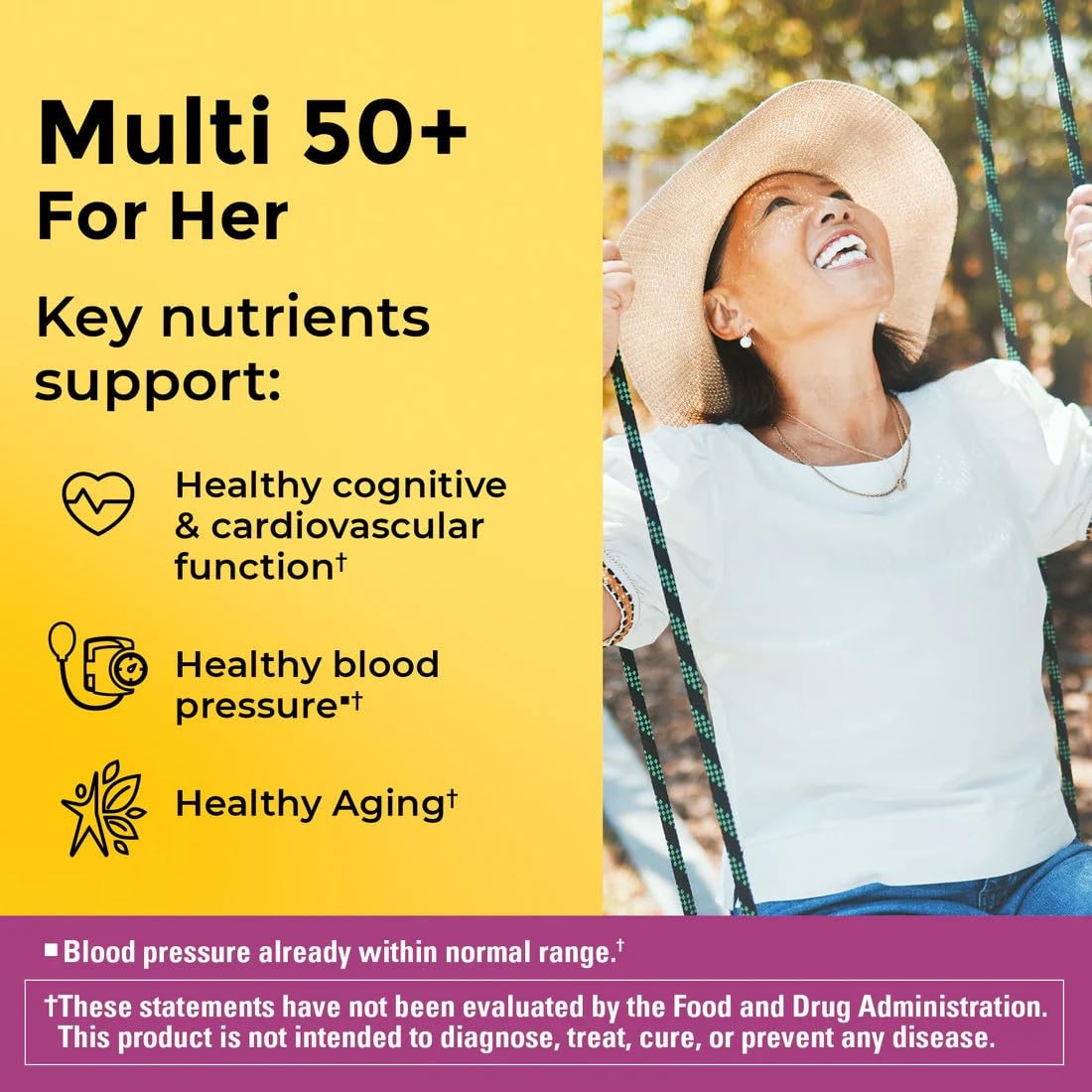 Nature Made Multi pour Elle 50+ — étiquette lisible et informations utiles.