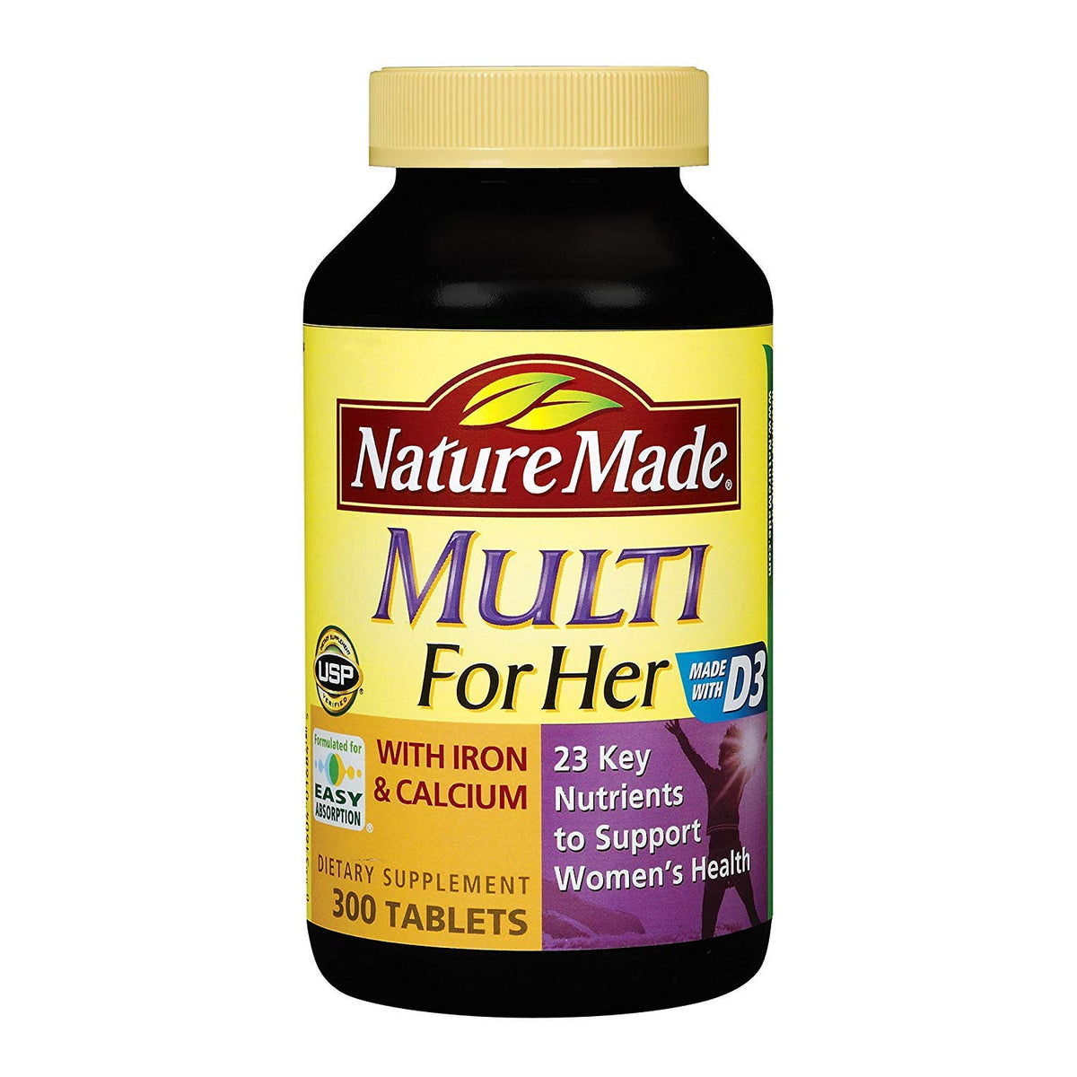 Nature Made Multivitamines pour Elle, bouteille, soutien potentiel à la santé féminine avec fer et calcium.