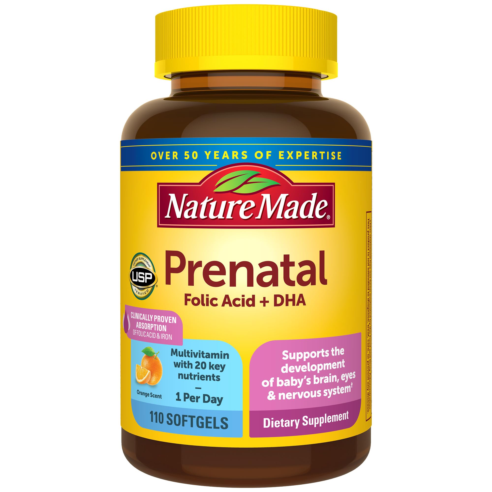 Nature Made Prenatal : bouteille de 110 gélules pratique pour la routine quotidienne.