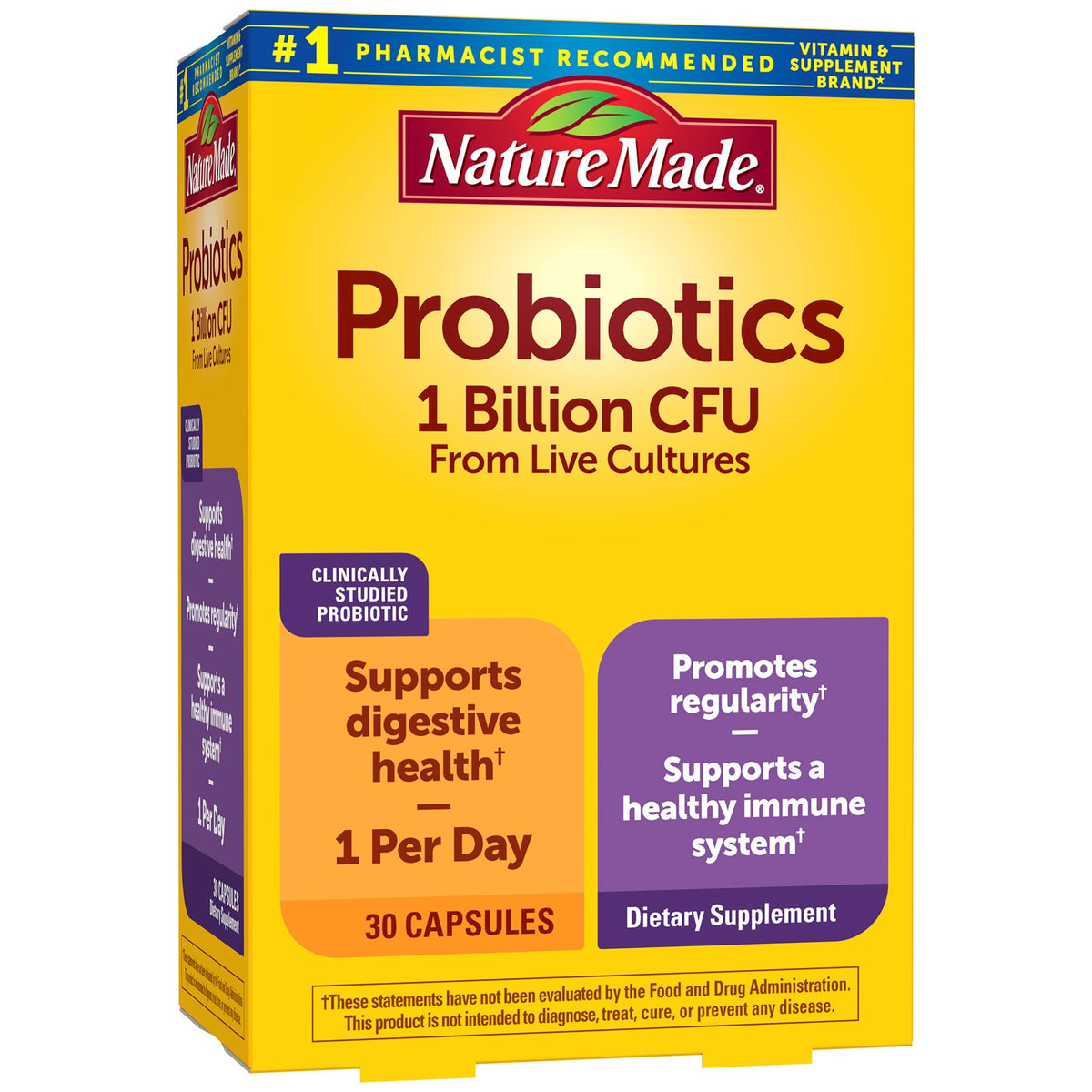 Nature Made Probiotics: bouteille et capules montrant 1 milliard CFU