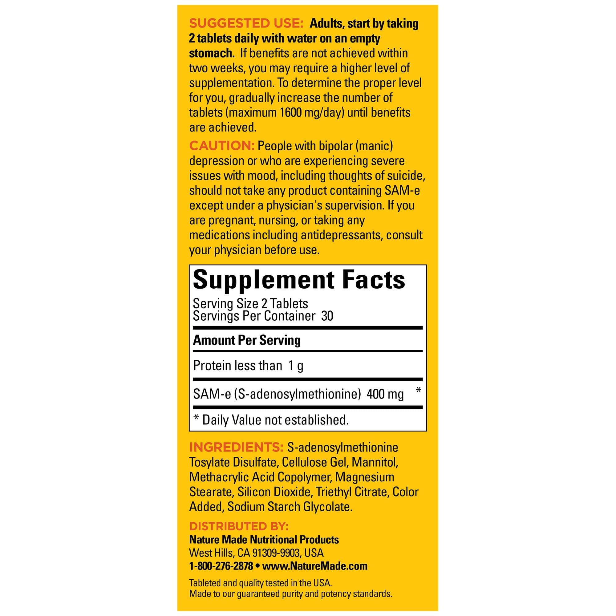 Nature Made SAM-e 200 mg : flacon de 60 tablettes pour 30 jours.
