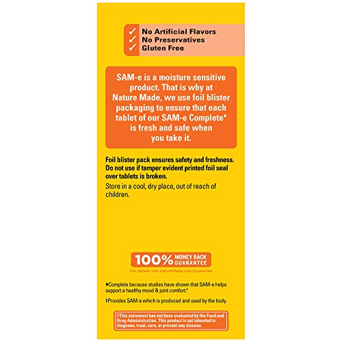 Nature Made SAM-e 200 mg : emballage clair facilitant la lecture des informations nutritionnelles.
