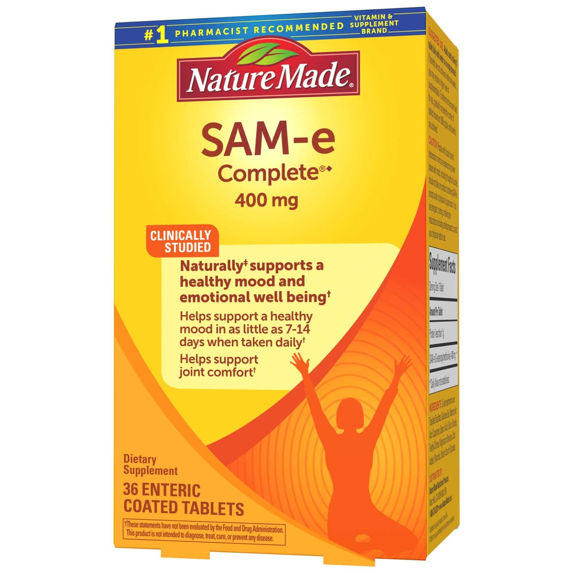 Nature Made SAM-e Complete – comprimés en gros plan et texture naturelle.
