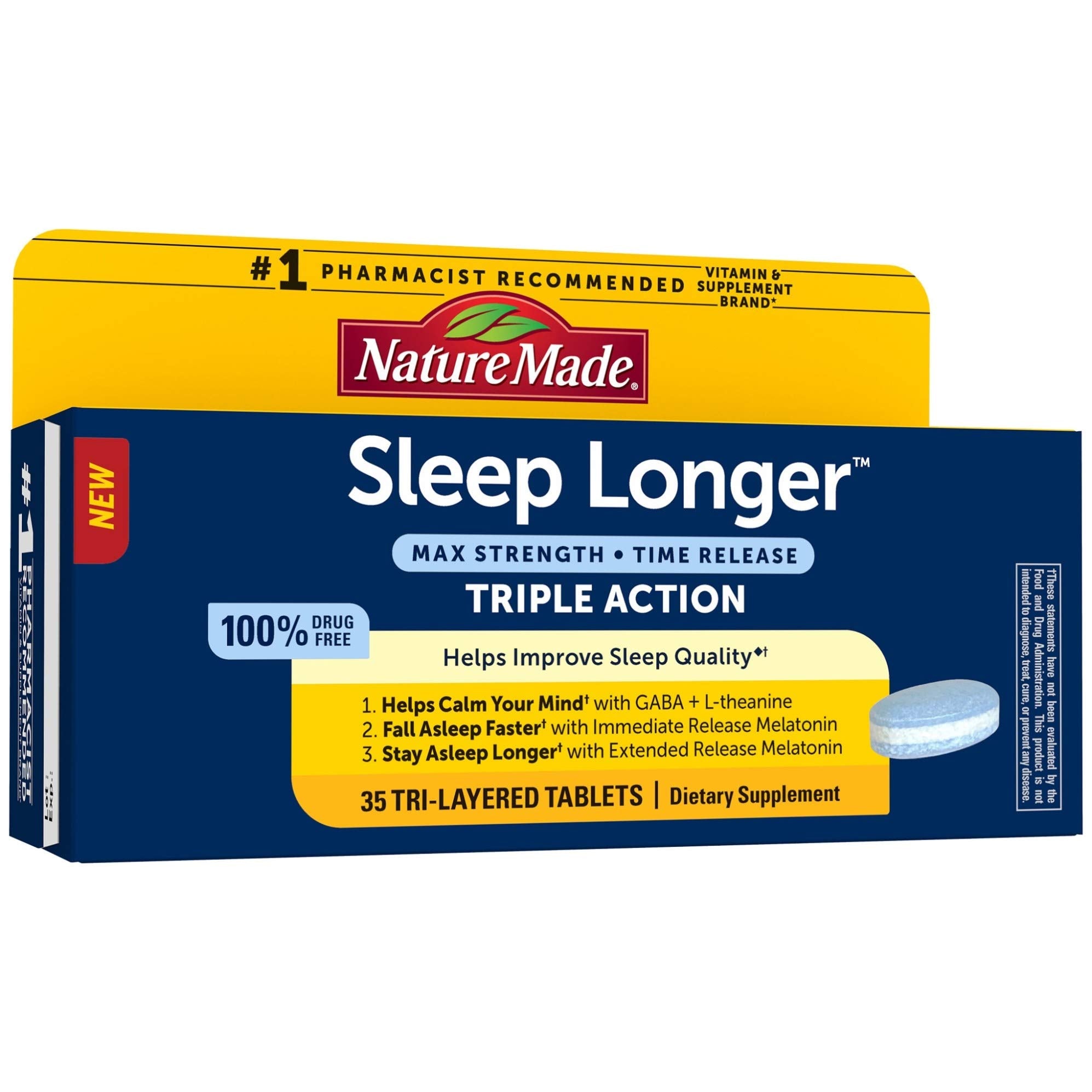 Nature Made Sleep Longer: comprimé-tablette pour favoriser l'endormissement et la détente nocturne.