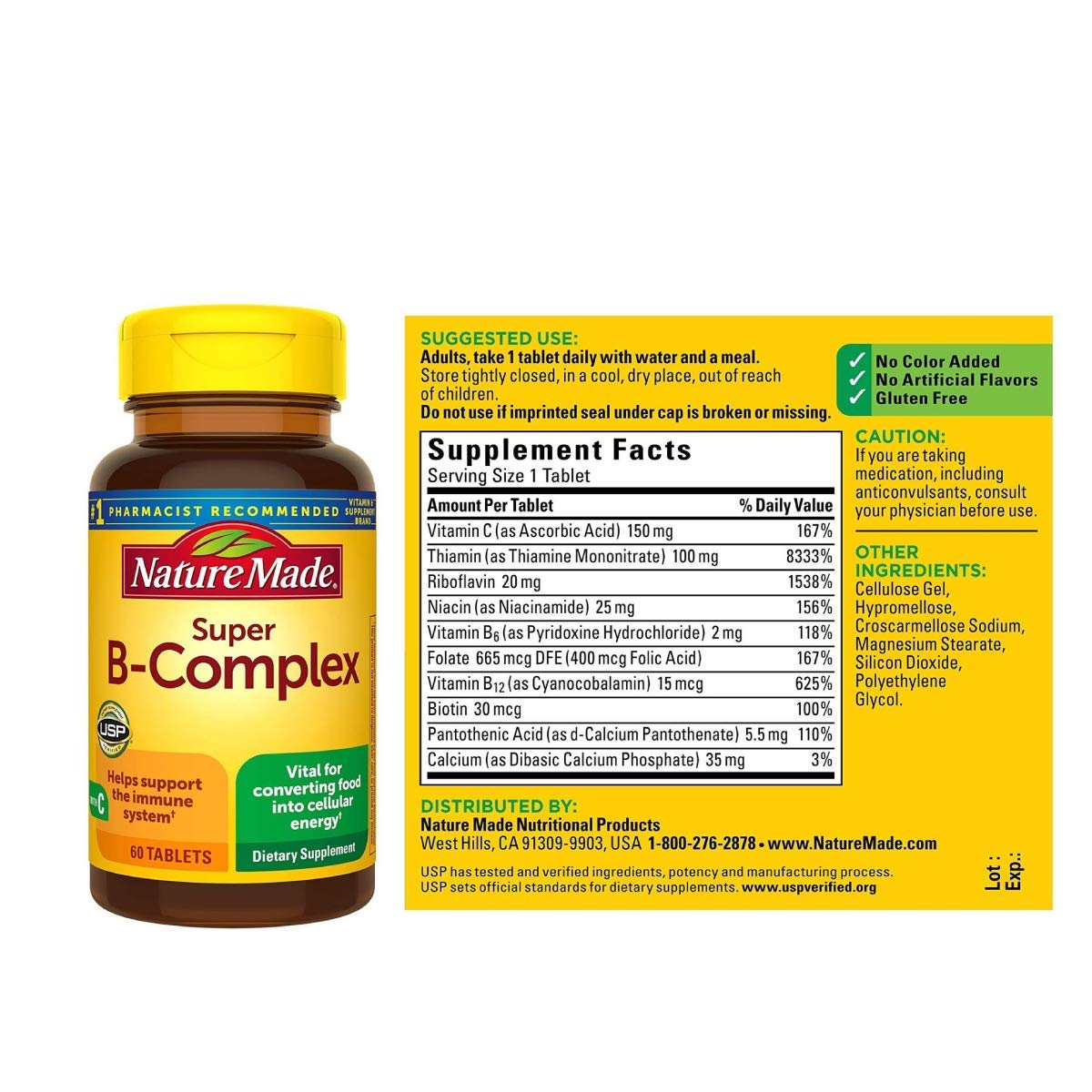 Étiquette Nature Made Super B-Complex montrant vitamine C et acide folique.