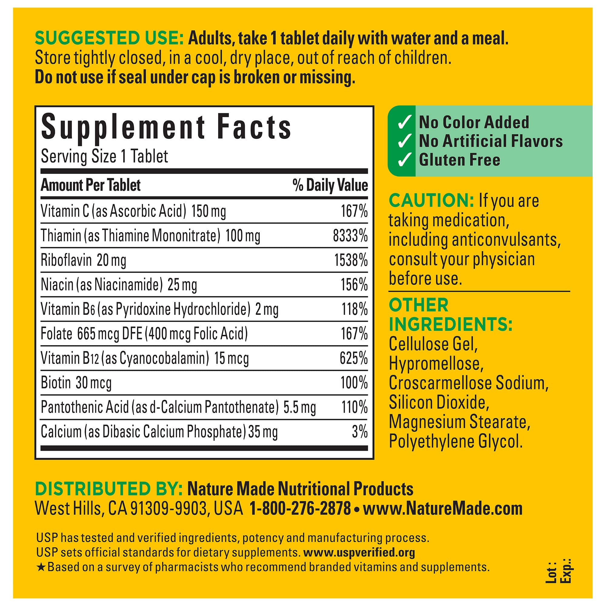 Nature Made Super B Complex – produit sans gluten et sans colorants artificiels.