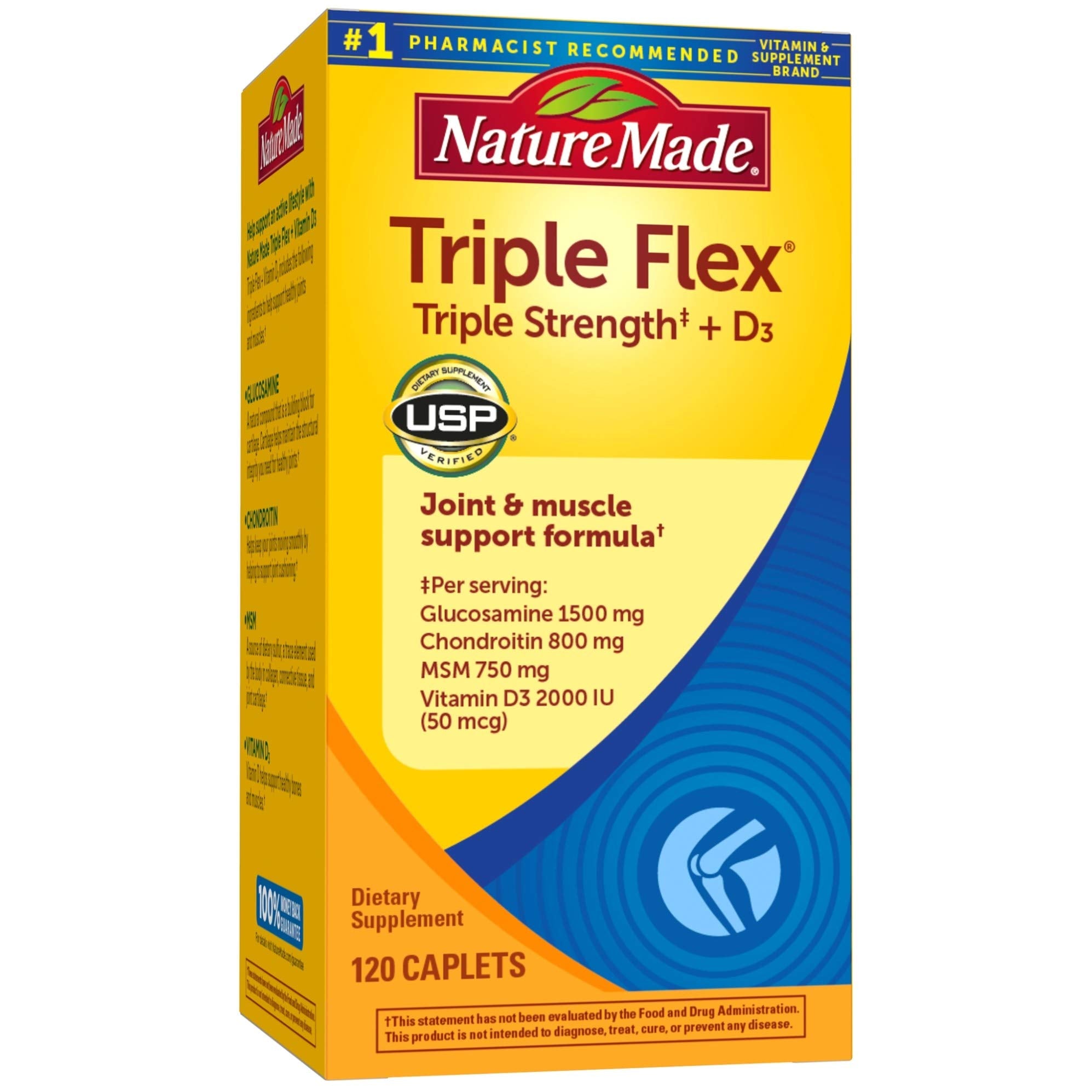Nature Made TripleFlex caplets et flacon, soutien articulation et muscles.