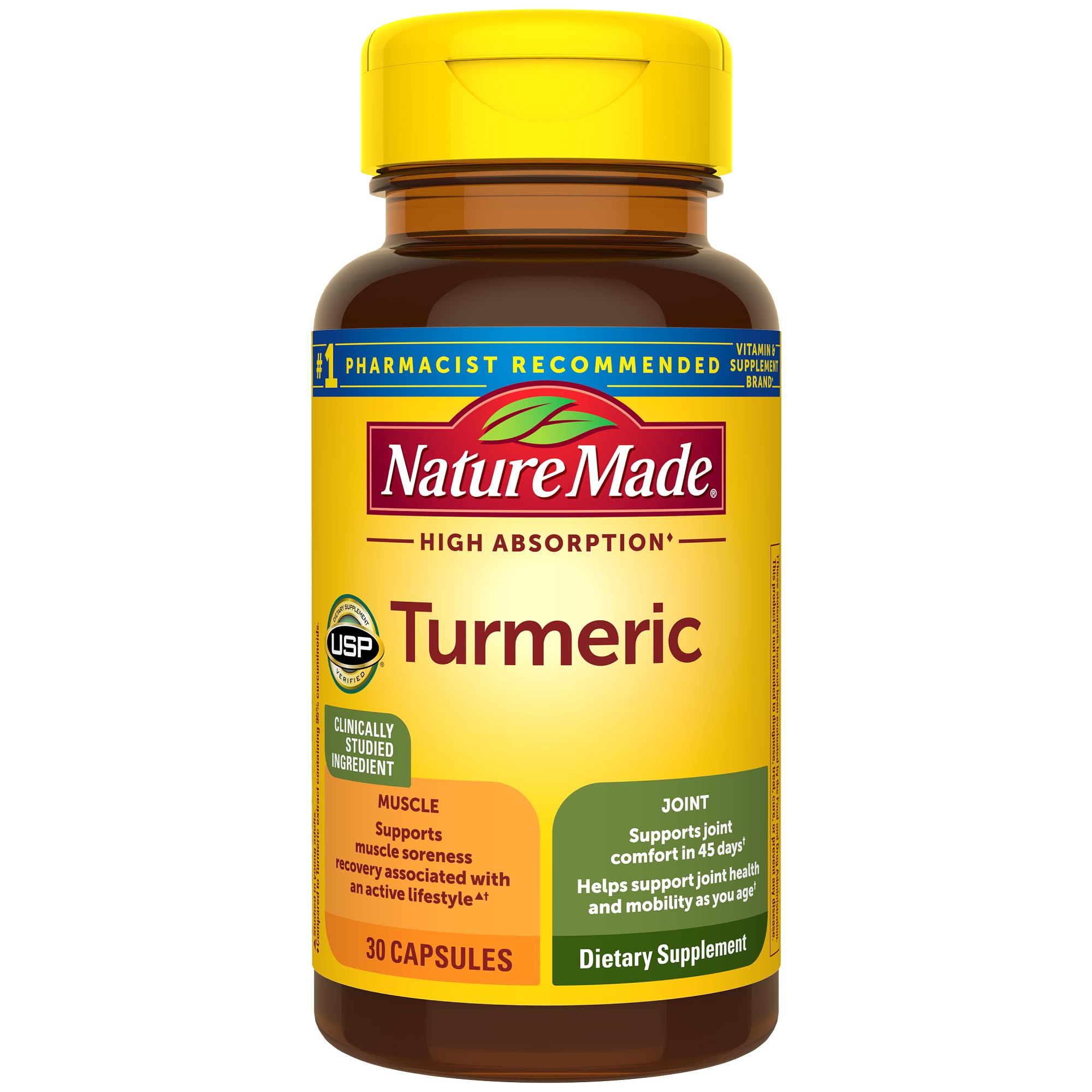 Capsule Nature Made Turmeric Curcumin haute absorption prête à avaler, soutien possible des articulations.