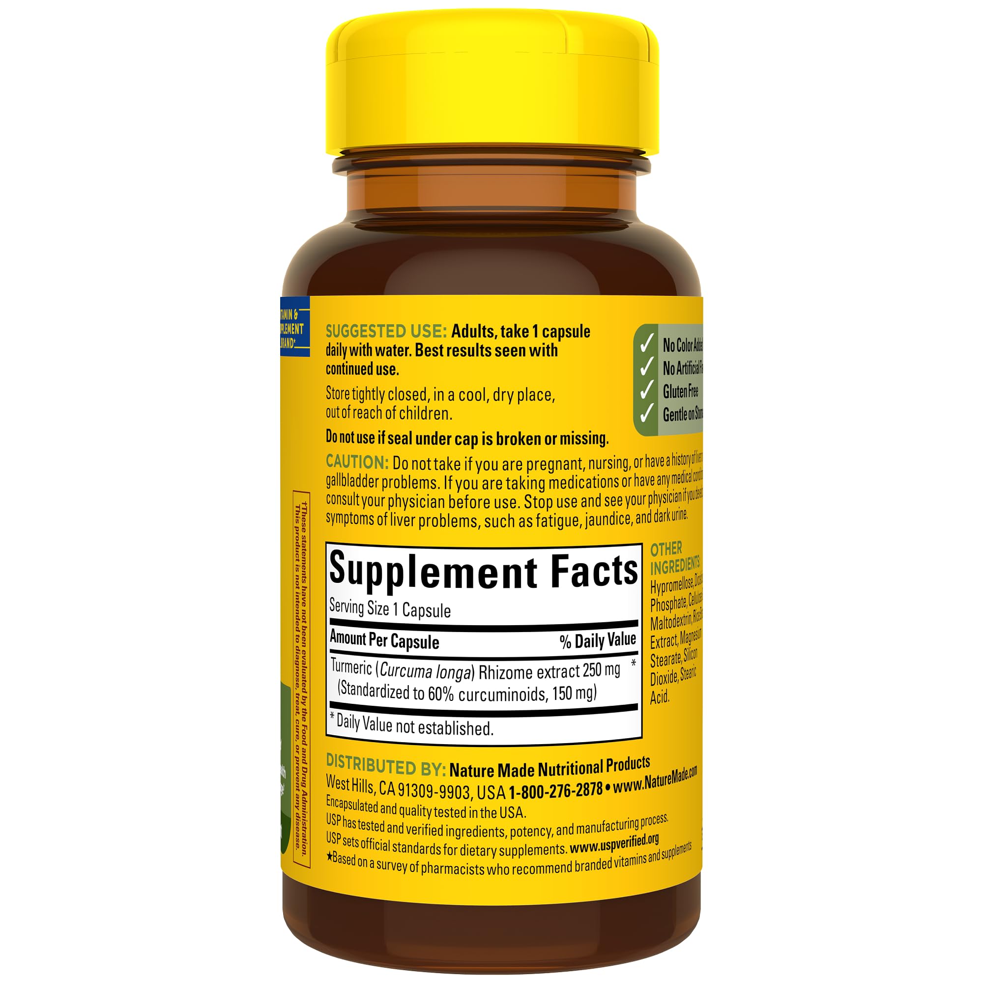 Étiquette USP Verified sur l'emballage Nature Made, garantie qualité.