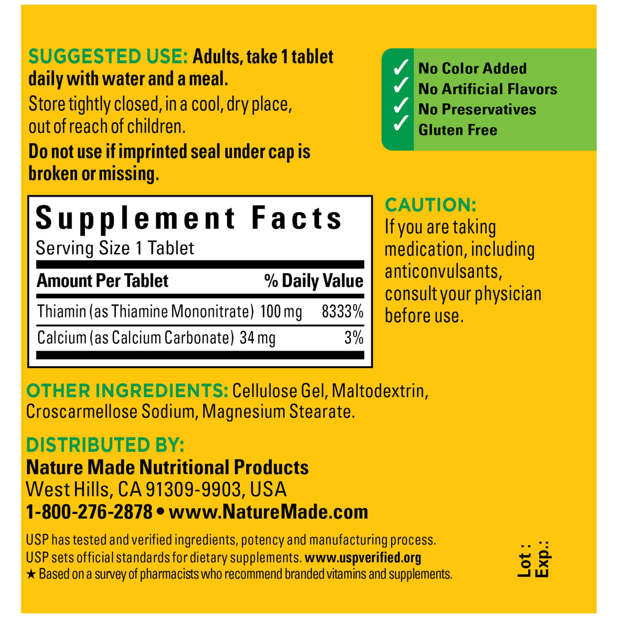 Nature Made Vitamine B1 100 mg – tablette pour cerveau et système nerveux