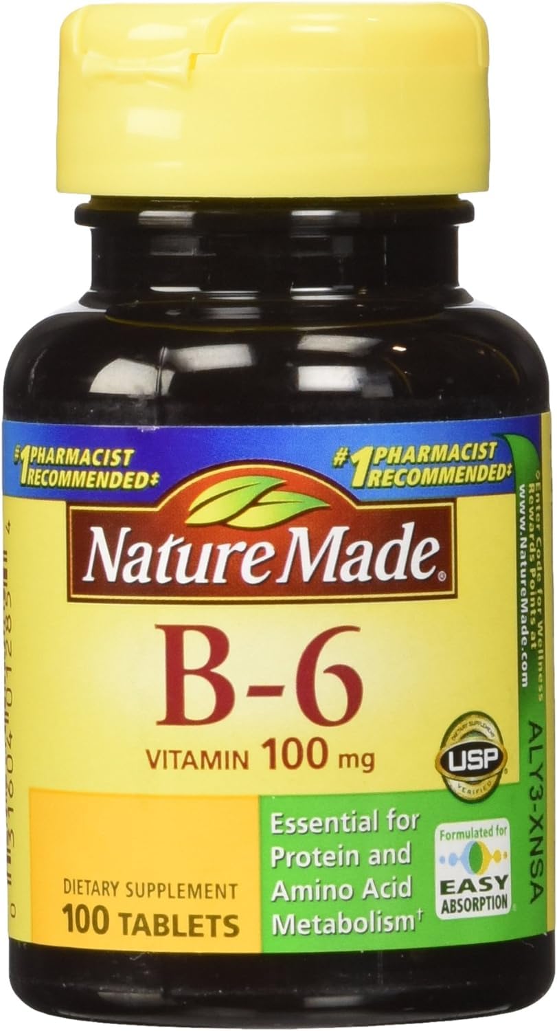 Nature Made Vitamine B-6 100 mg en boîte frontale, soutien potentiel à la vitalité.