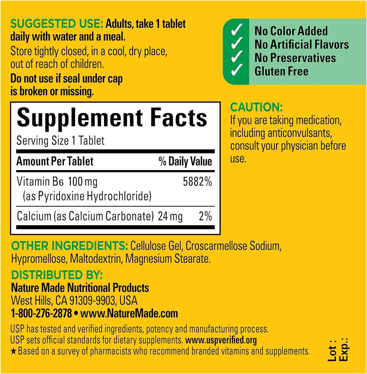 Nature Made Vitamine B-6 100 mg, étiquette lisible, dosage clair pour votre routine.