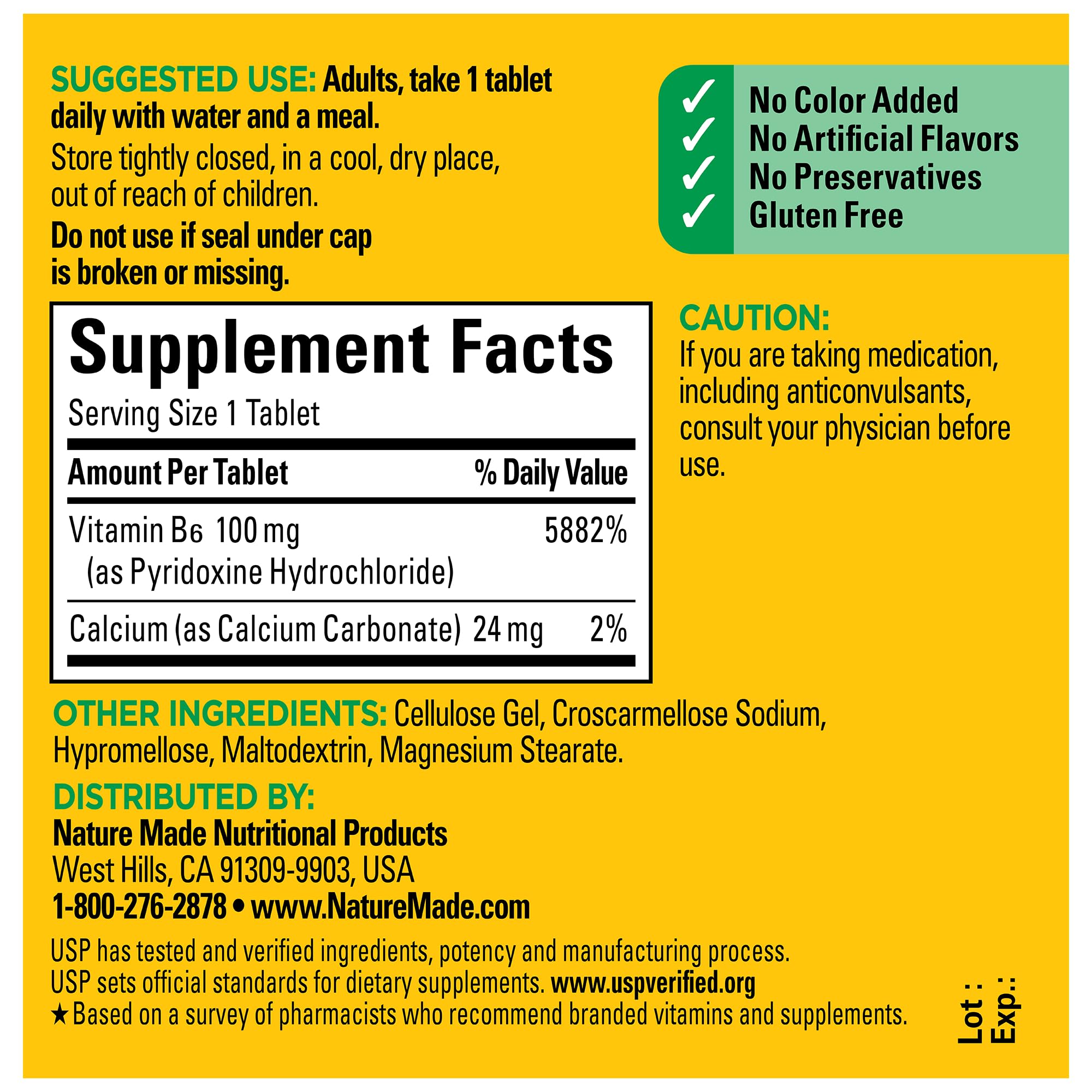 Nature Made Vitamine B6: sans colorants ni arômes artificiels.