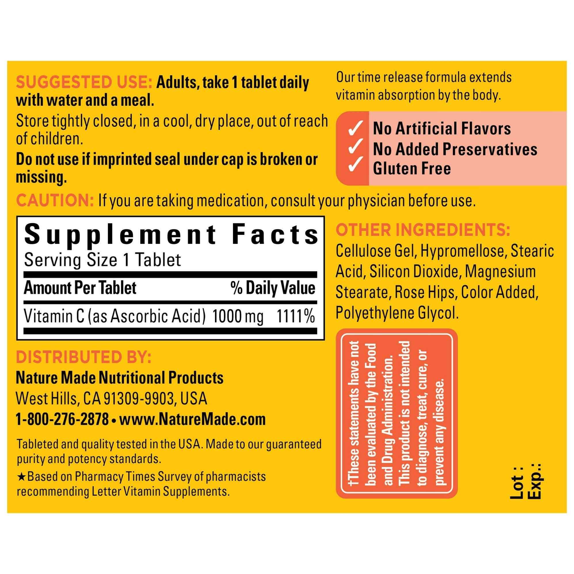 Nature Made Vitamine C 1000 mg – Comprimés baies d’églantier pour antioxydant potentiel.