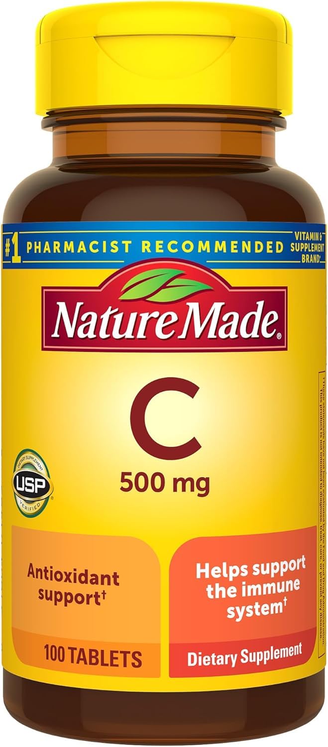 Nature Made Vitamine C 500 mg caplets – bouteille prête à l’emploi, soutien immunitaire potentiel au quotidien.