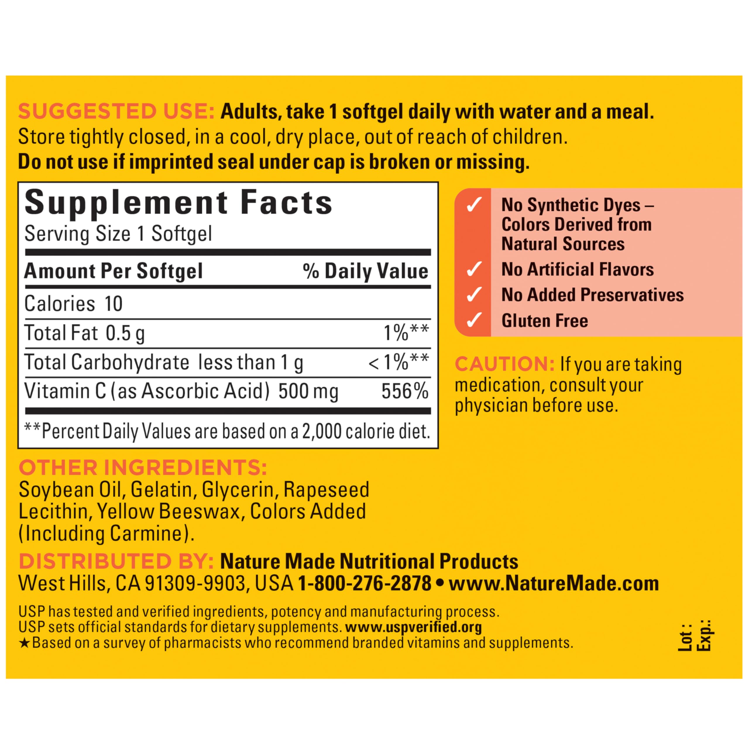 Nature Made Vitamine C 500 mg : étiquette claire sans additifs