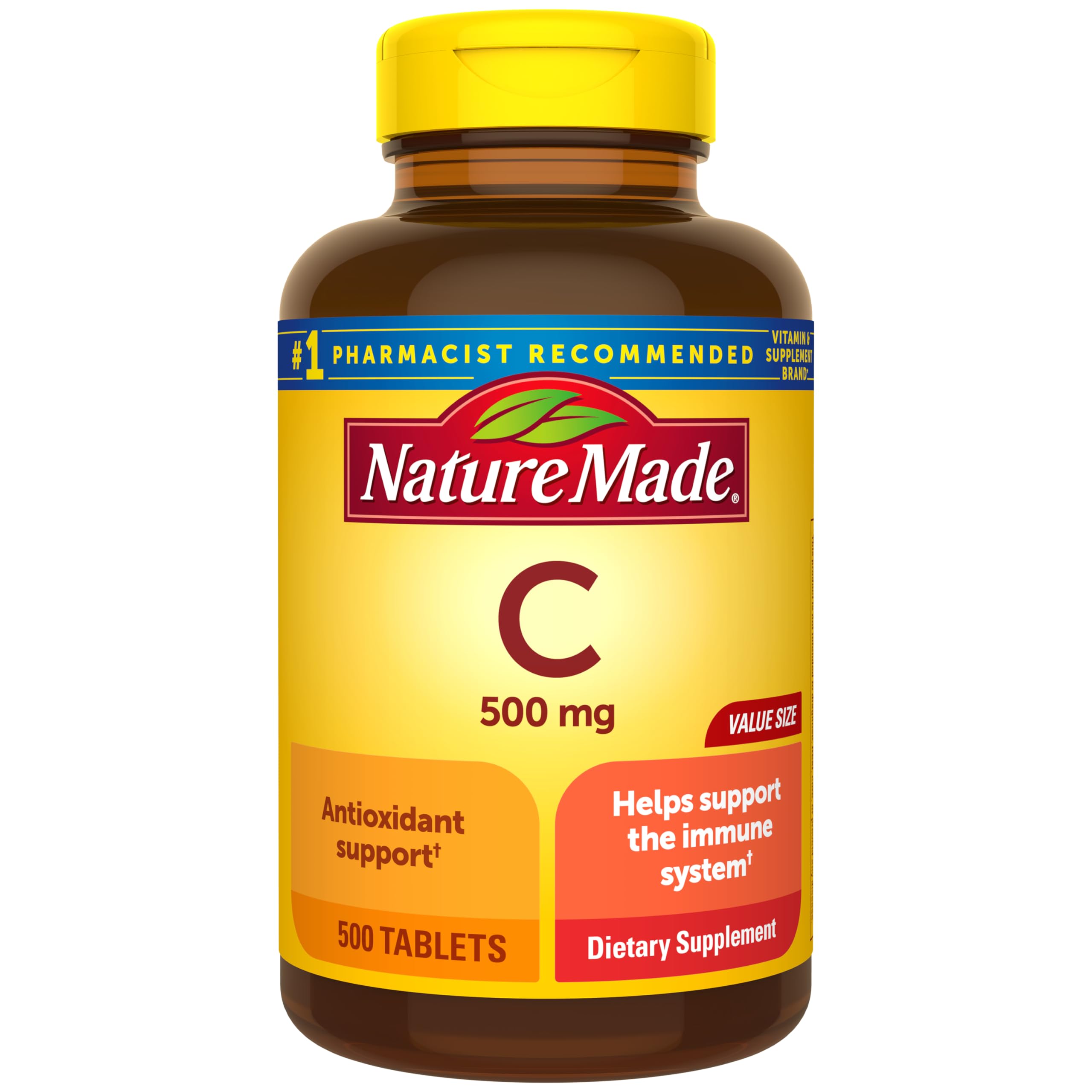 Nature Made Vitamine C 500 mg comprimés sur une bouteille, soutien potentiel du système immunitaire.