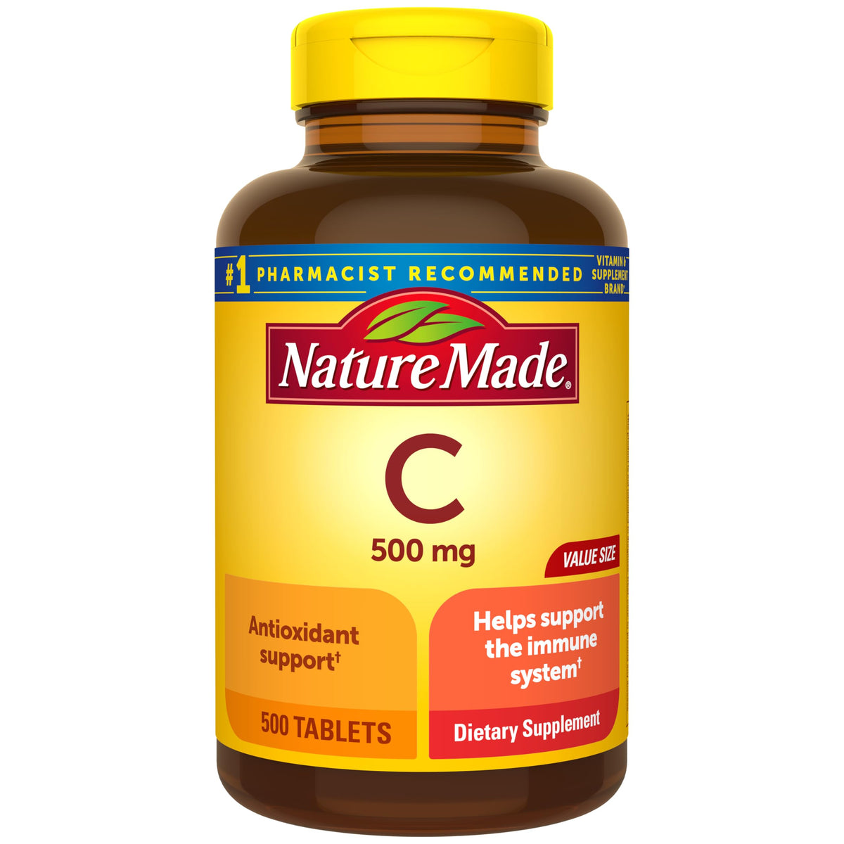 Nature Made Vitamine C 500 mg comprimés sur une bouteille, soutien potentiel du système immunitaire.