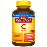 Nature Made Vitamine C 500 mg comprimés sur une bouteille, soutien potentiel du système immunitaire.