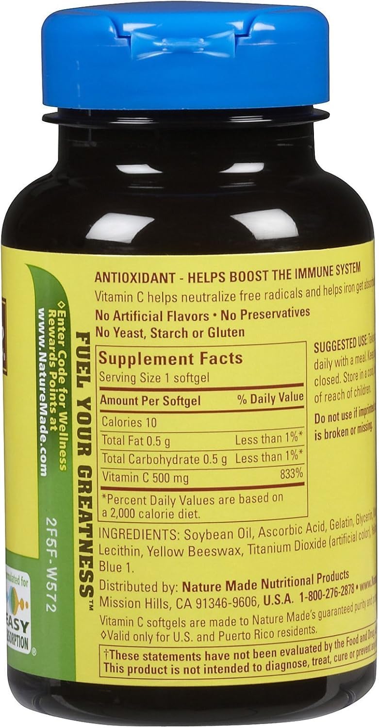 Nature Made Vitamine C 500 mg gélules molles — vue arrière, emballage clair et facilité d’utilisation quotidienne.