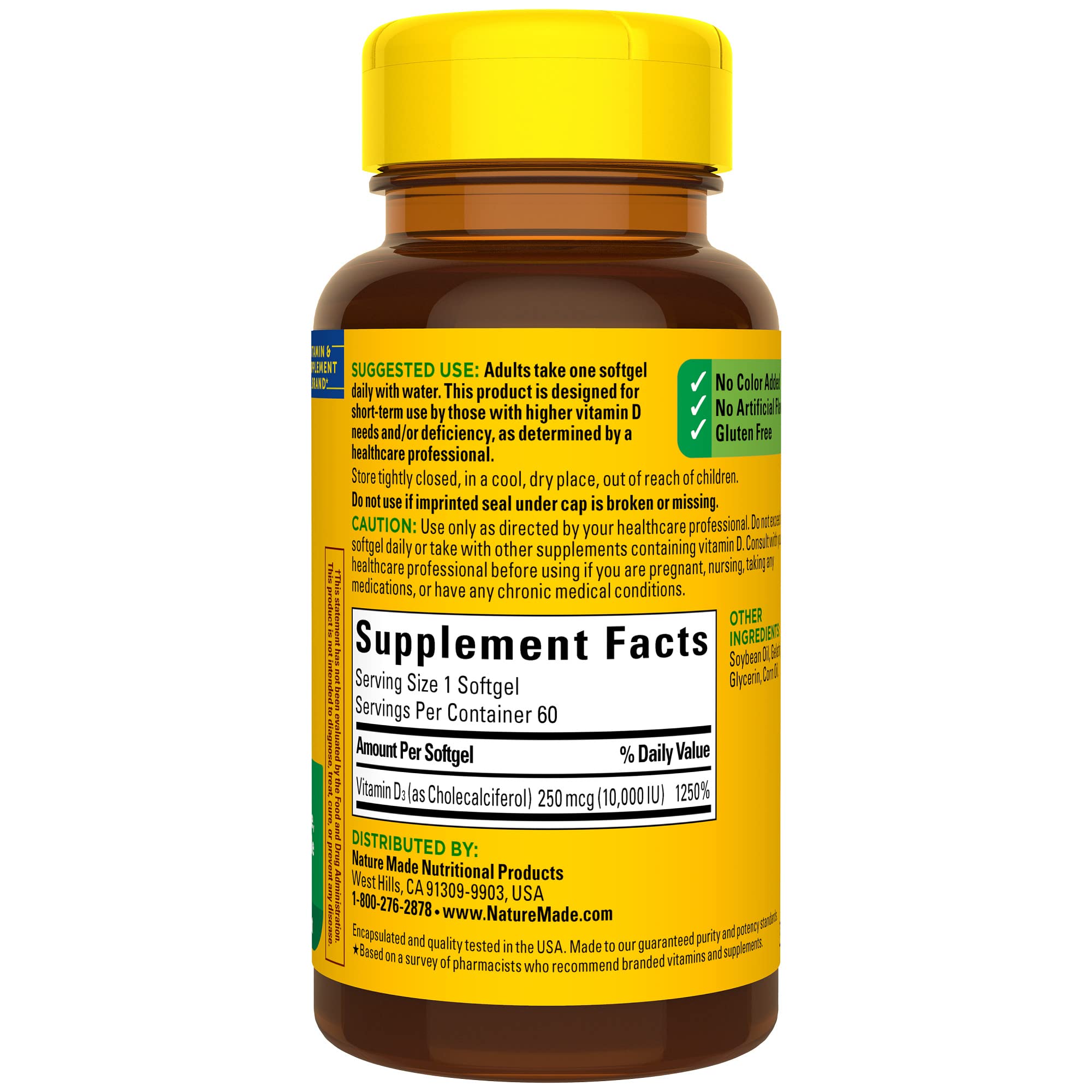 Nature Made Vitamine D3 10000 UI – étiquette claire sans colorants