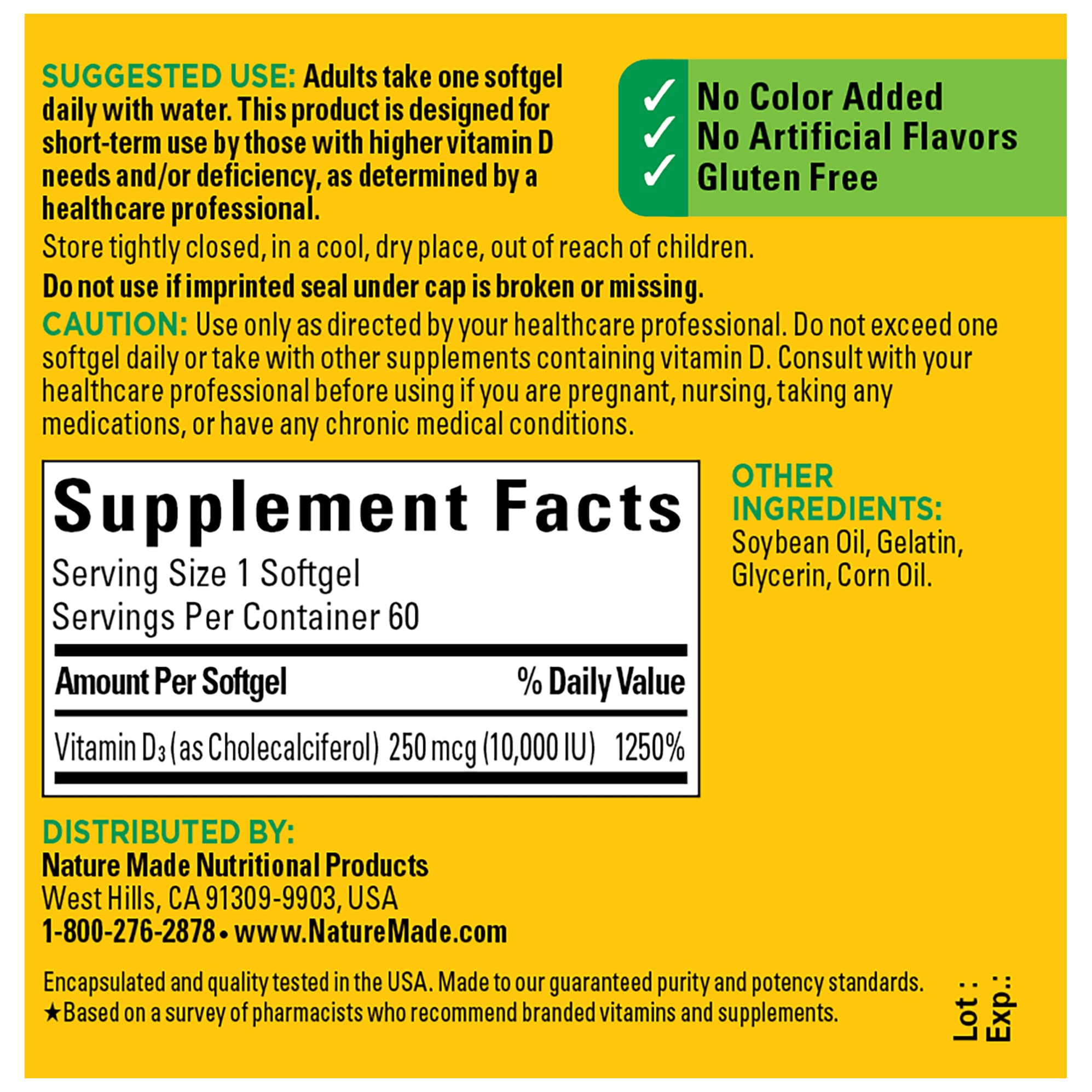 Nature Made Vitamine D3 10000 UI – gélules softgel faciles à avaler