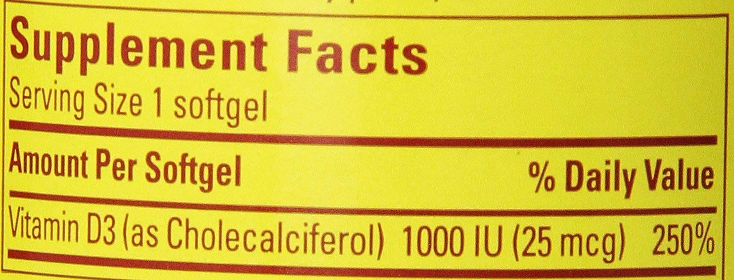 Nature Made Vitamine D3 1000 UI, bouteille ouverte, apport quotidien possible.