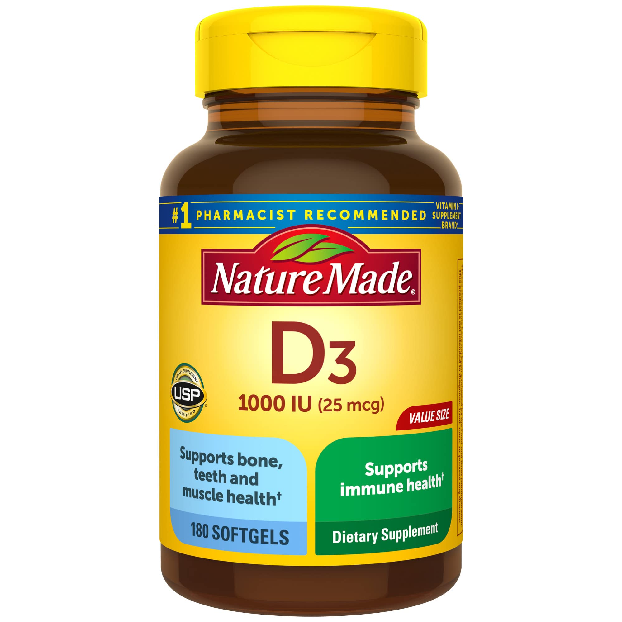 Nature Made Vitamin D3 1000 UI, bouteille de 180 gélules molles favorisant l'absorption du calcium