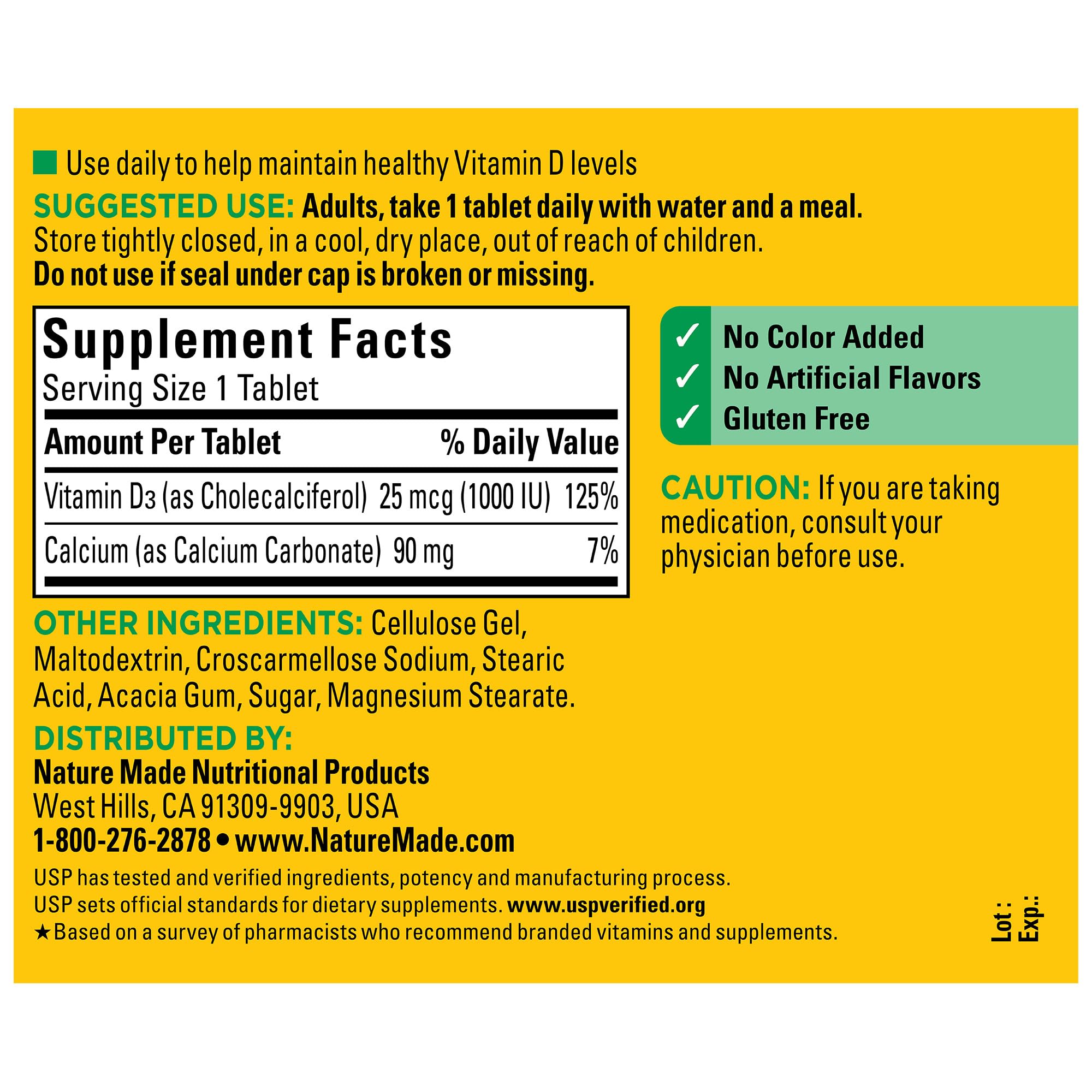 Nature Made Vitamine D3 1000 UI — sans colorant ajouté