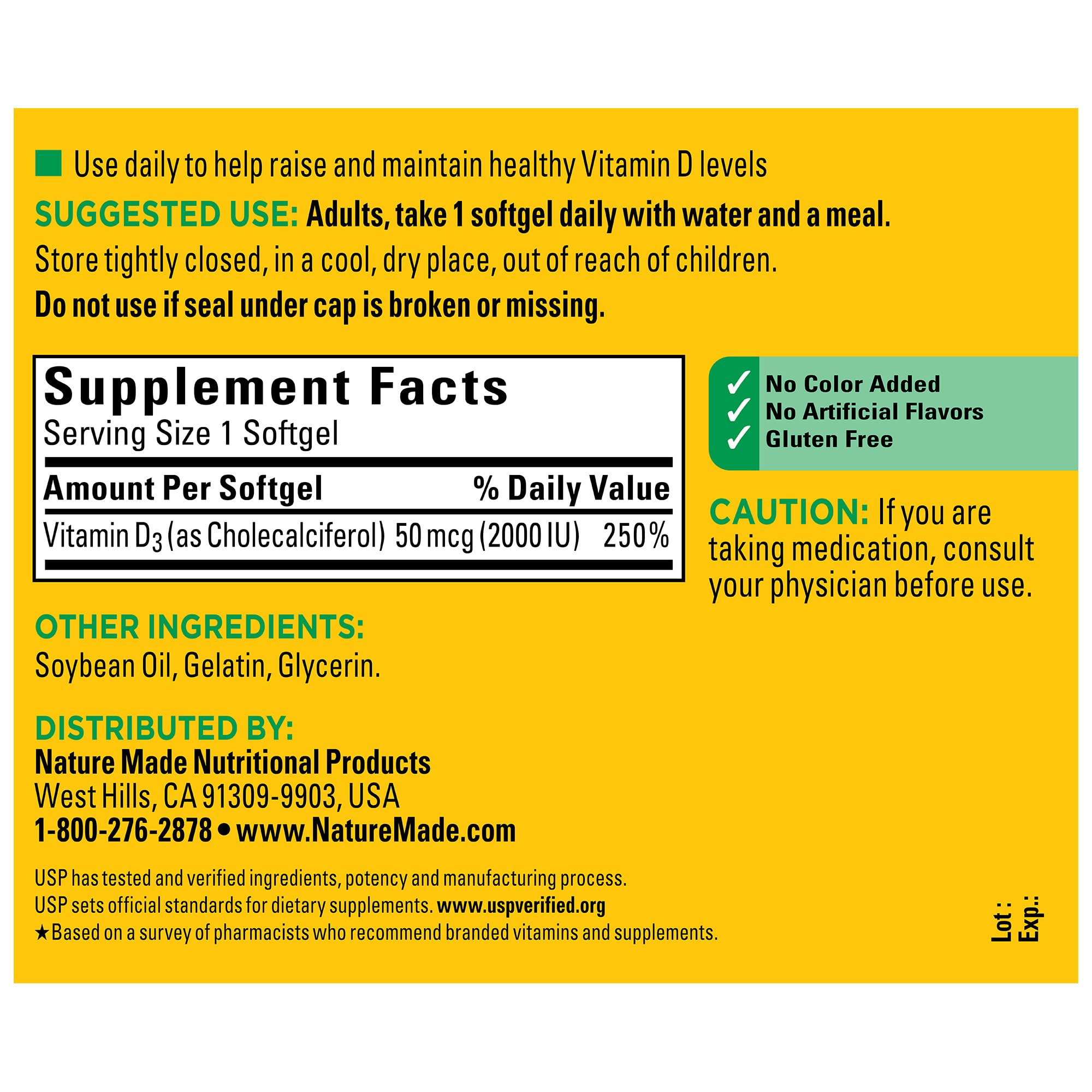 Nature Made Vitamine D3 2000 UI, gélules, favorise l’absorption du calcium pour les os.