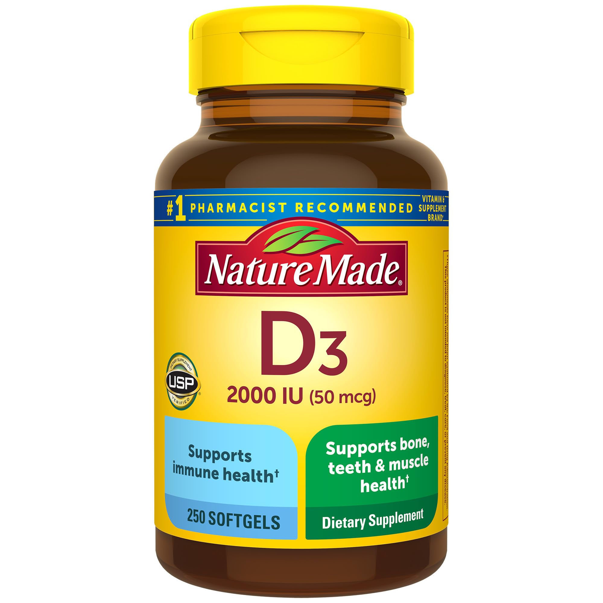 Nature Made Vitamine D3 2000 UI, bouteille, soutient l'absorption du calcium pour des os solides.