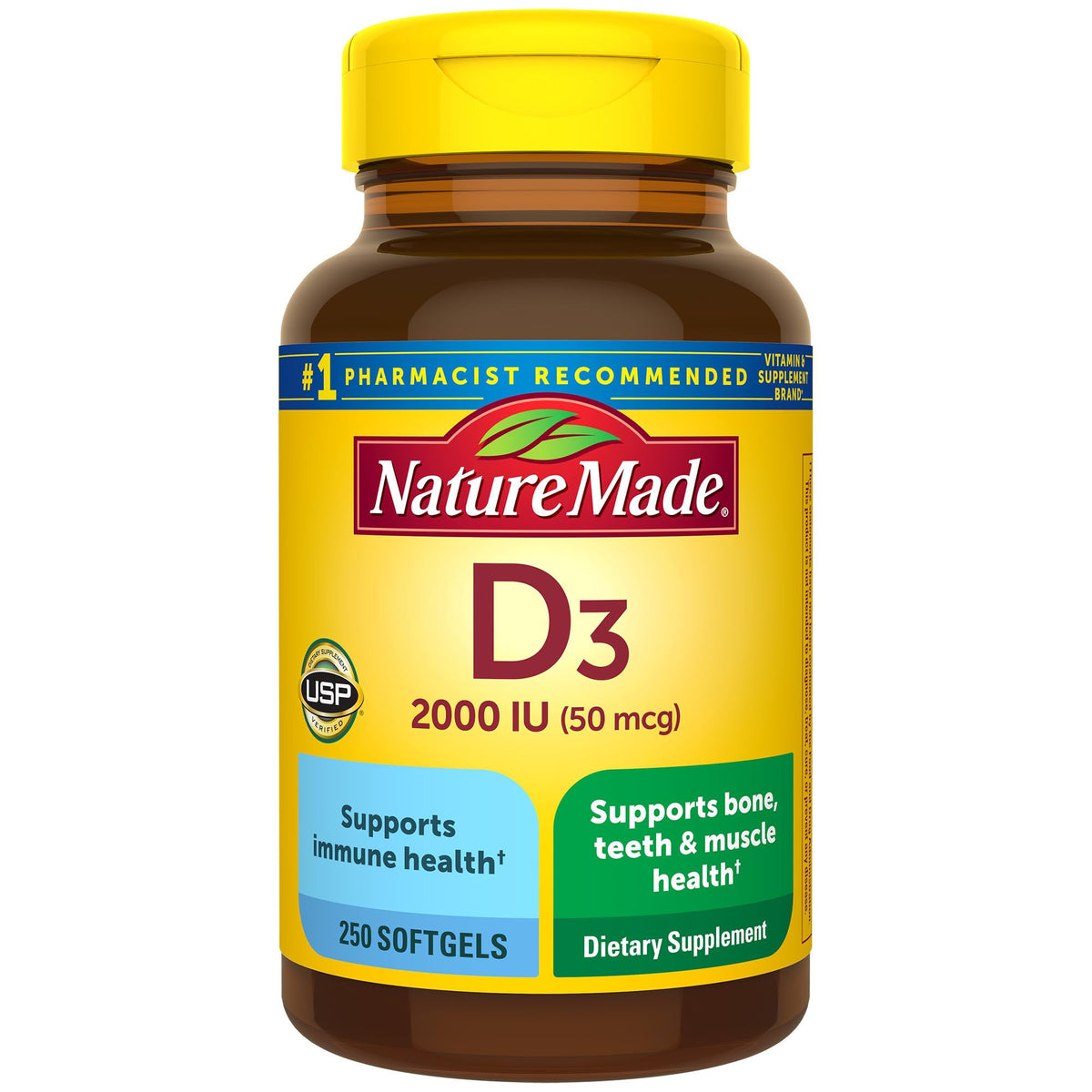 Nature Made Vitamine D3 2000 UI, bouteille, soutient l'absorption du calcium pour des os solides.