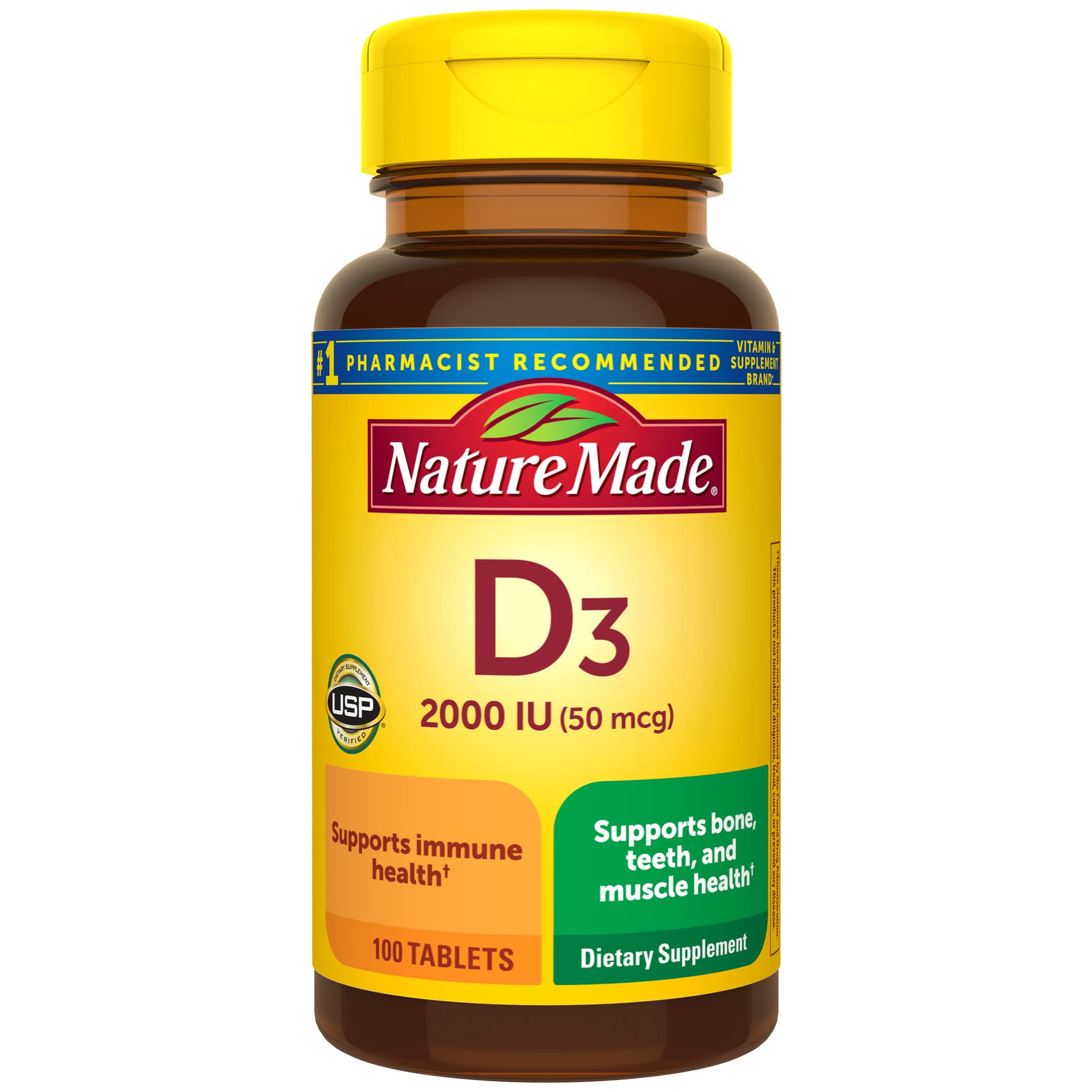 Vitamine D3 Nature Made 2000 UI – bouteille et comprimés pour prise quotidienne.