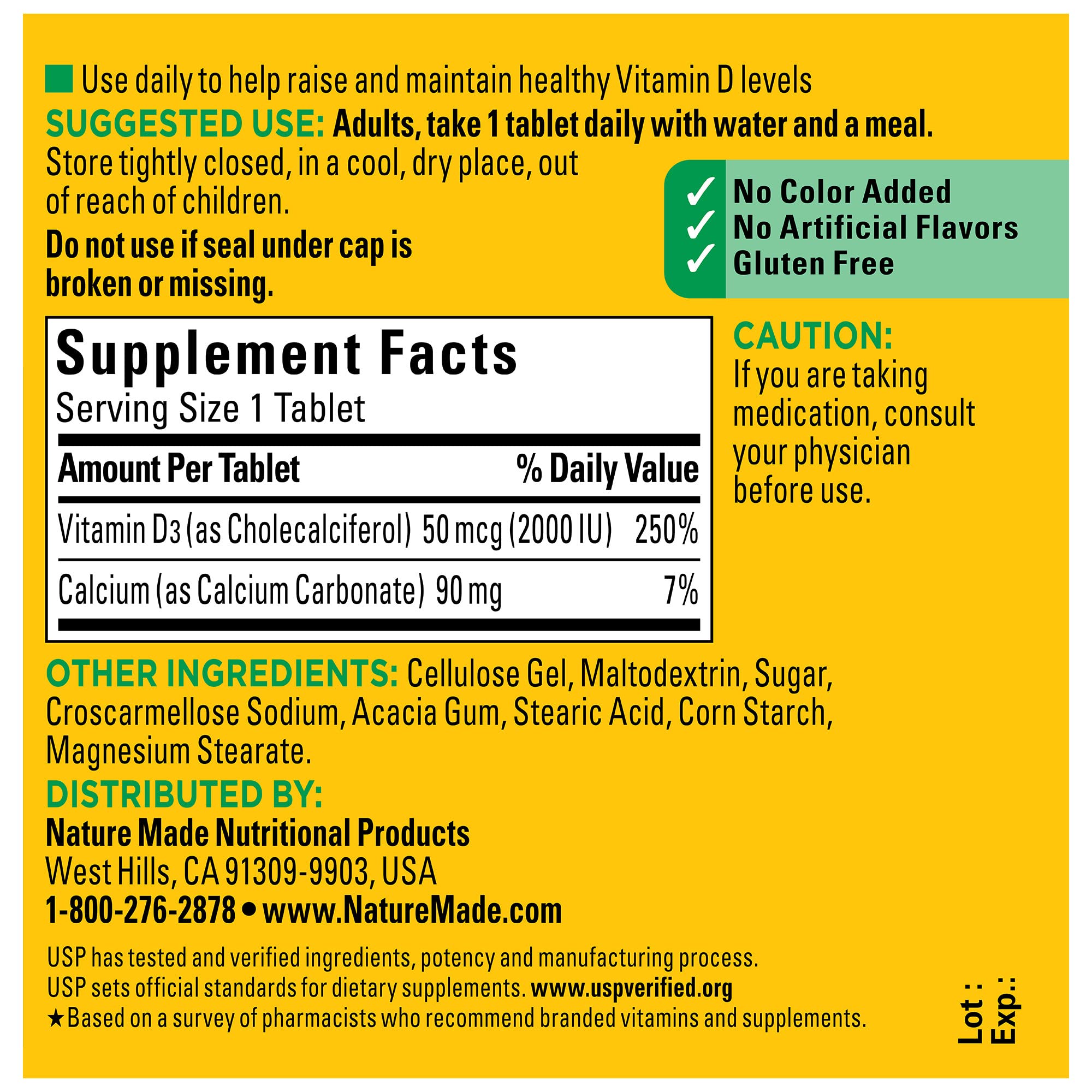 Contrôle qualité USP vérifié Nature Made Vitamine D3 2000 UI.