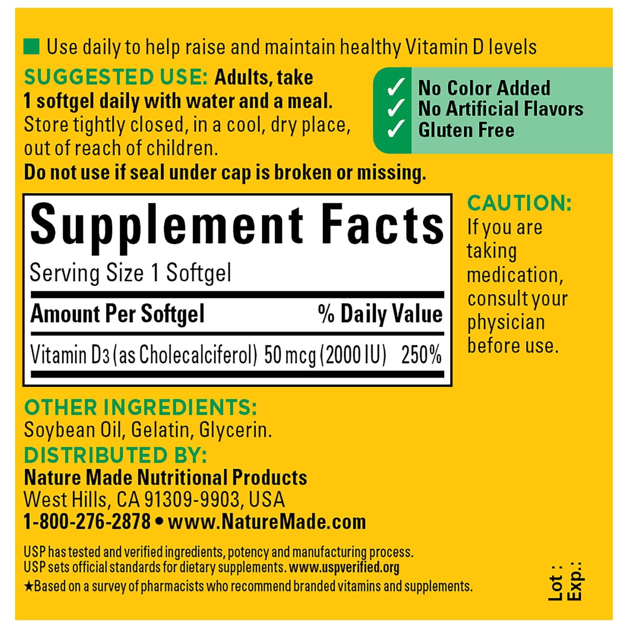 Nature Made Vitamine D3 2000 UI, formulation sans gluten et sans colorants artificiels.