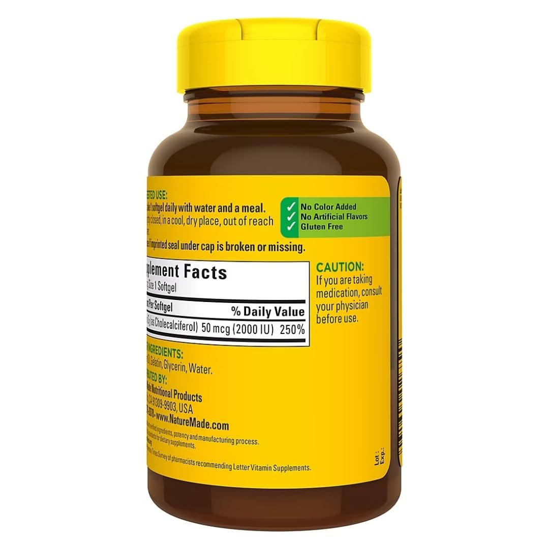 Étiquette Nature Made D3 2000IU sur l’emballage, informations claires et fiables