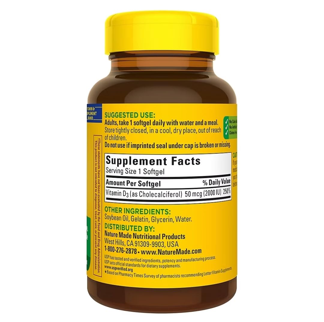 Nature Made Vitamine D3 2000UI – sans colorant ajouté, usage quotidien pratique