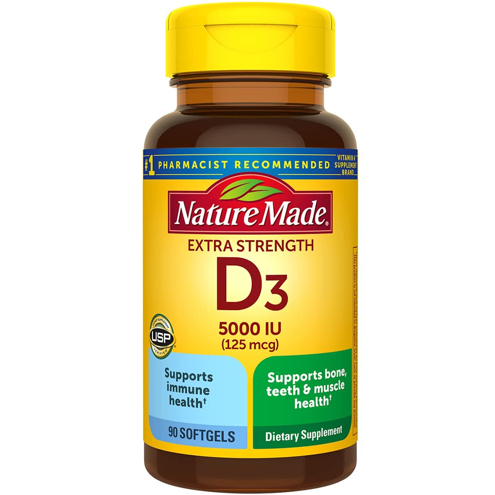 Nature Made Vitamine D3 5000iu, bouteille visible, soutien potentiel des os et immunité.