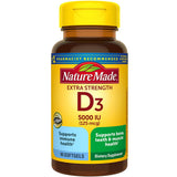 Nature Made Vitamine D3 5000iu, bouteille visible, soutien potentiel des os et immunité.